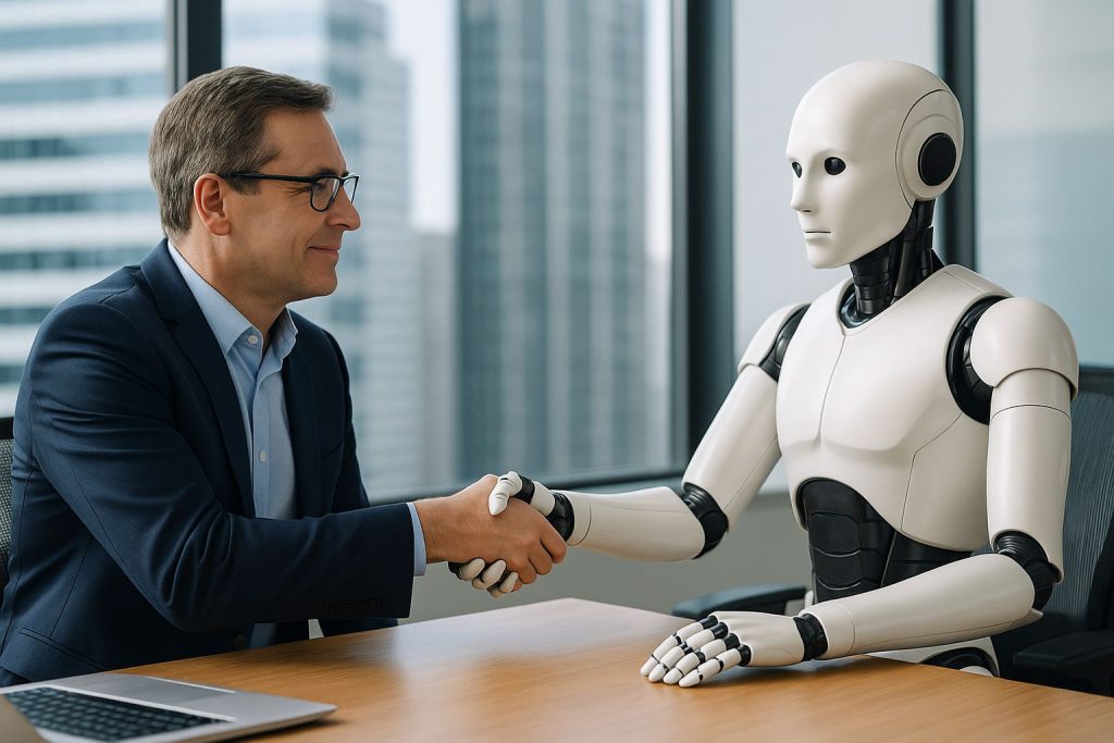 AI sztuczna inteligencja zatrudnienie praca robot ściskający ręke człowieka