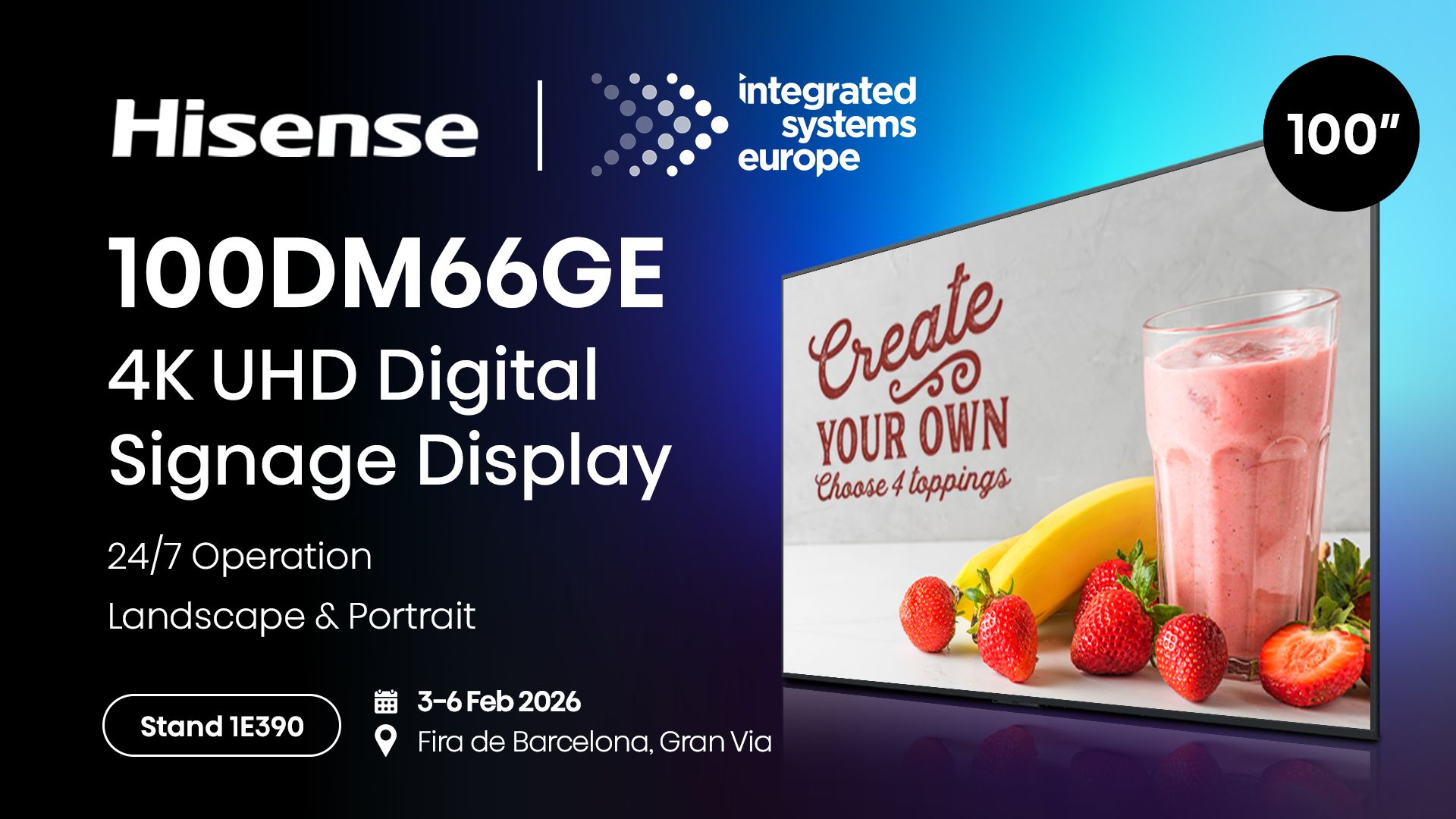 ISE 2026: Hisense pokazuje 100-calowy ekran 100DM66GE – wydajny digital signage dla biznesu