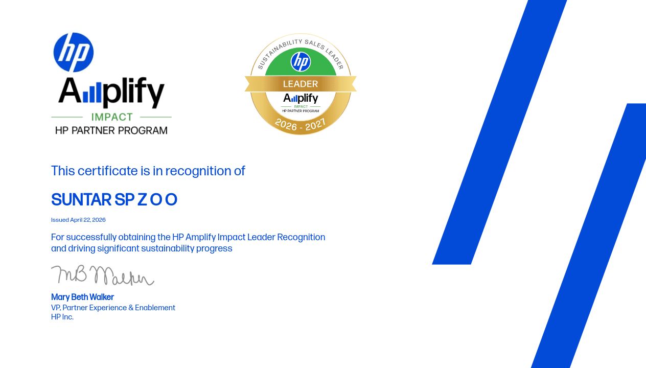 Suntar z tytułem HP Amplify Impact Leader za działania na rzecz zrównoważonego rozwoju